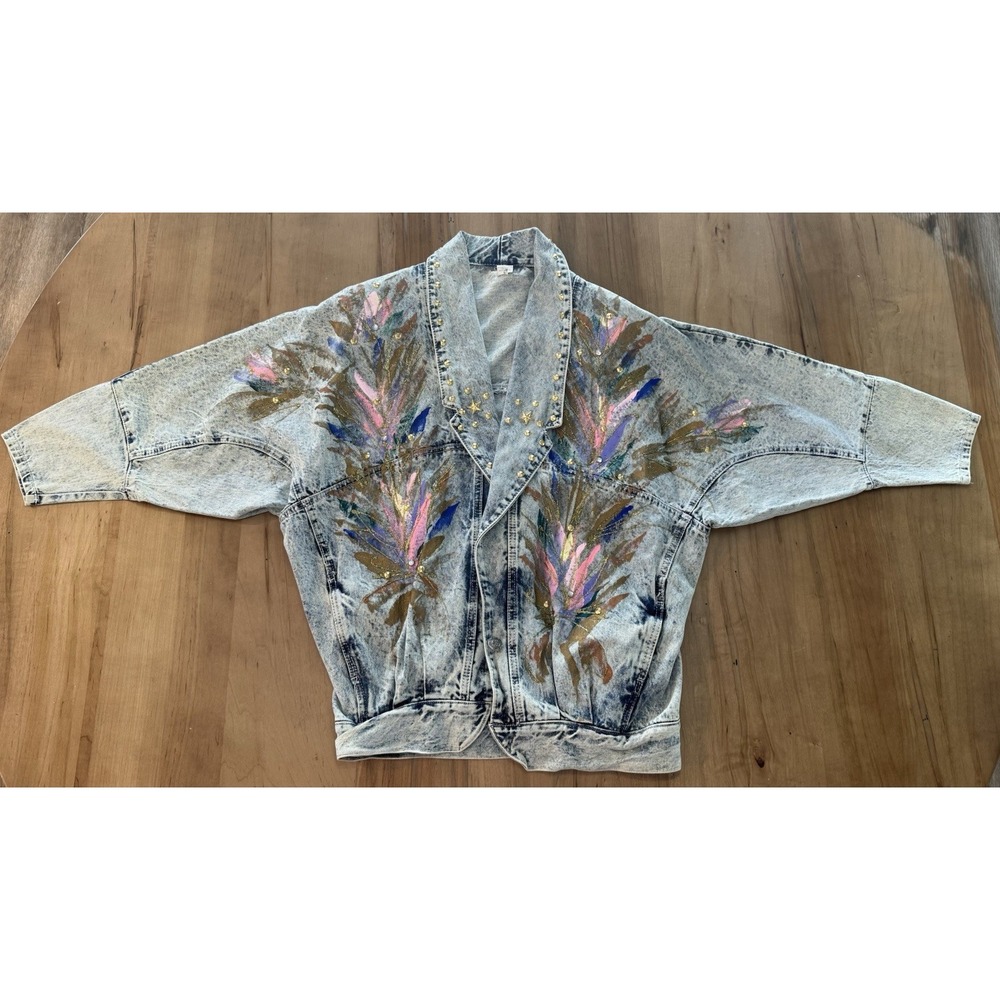 Vintage 1980's Bedazzled/Painted Acid Wash Jean Jacket Size Small USA Streetwear